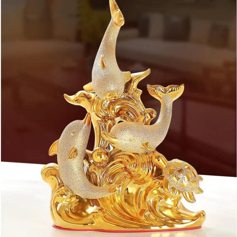 

Modern Luxury Golden Dolphin Ceramic Decoration Home Livingroom Table Figurines Crafts Store Window Desktop Statue Accessories