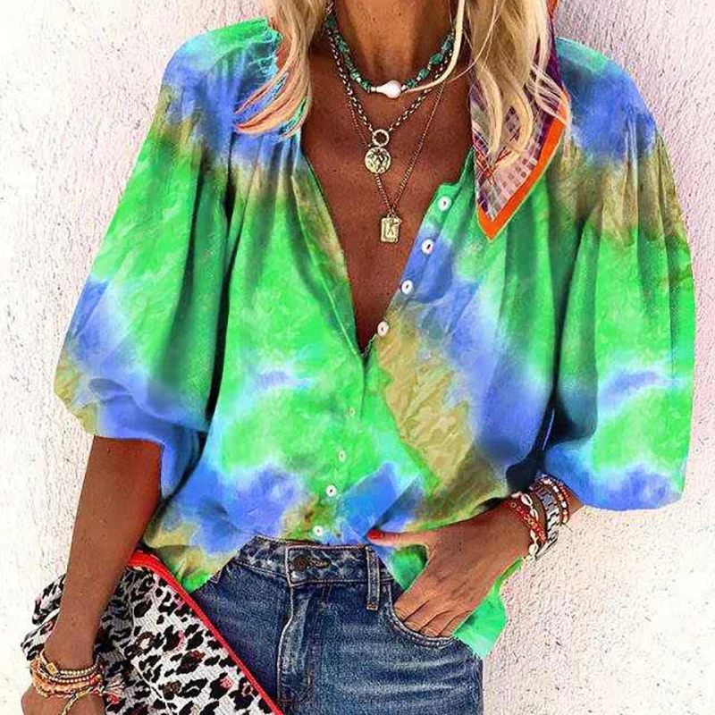 

Jocoo Jolee Fashion Puff Sleeve Tie-dye Printing Single-breasted Blouses and Shirts Europe Colorful Oversized Tops Streetwear