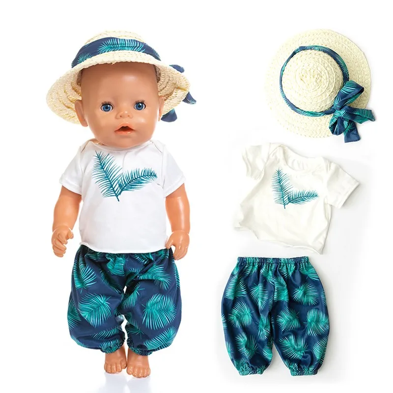 

Hot Sale Baby New Born 43cm Doll Clothes Accessories Straw Hat Maple Leaf Clothes Pants Three-Piece Suit For Baby Birthday Gift
