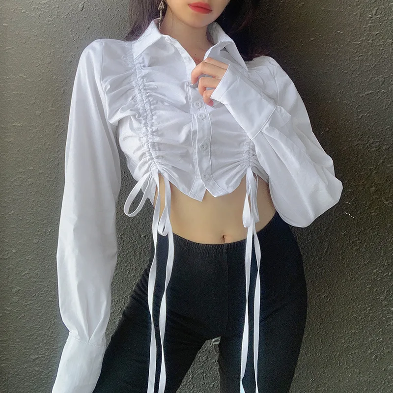 

Women' Ruched Drawstring Blouse Tops Cotton Front Button Long Sleeve Streetwear Turndown Collar Girls Casual Cropped Short Shirt