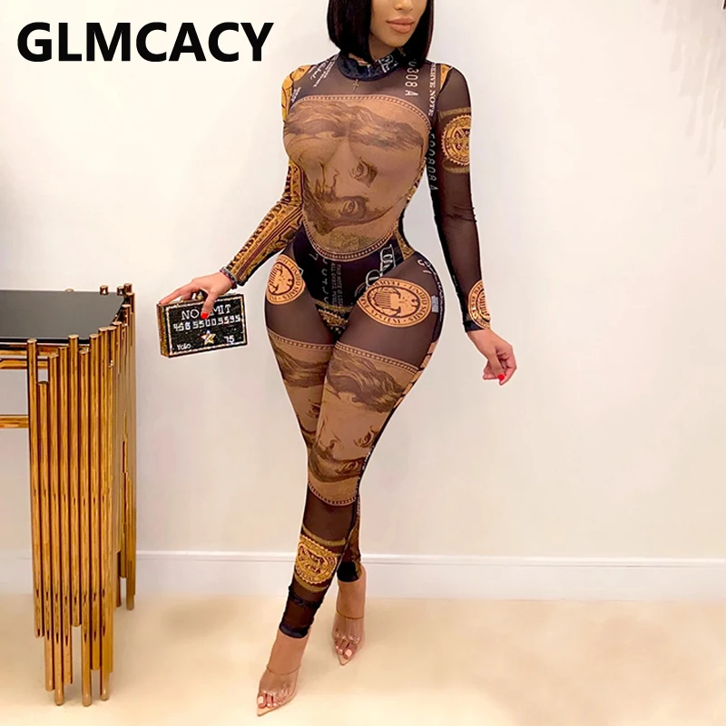 

Women Ttwo Piece USD Printed Mesh Suits Sexy Long Sleeve Bodysuit Rompers & Slim Pants Set