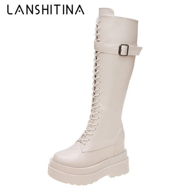 

2020 Autumn Leather Boots Women Knee High Boots Punk Style Casual Chunky Shoes Woman thick high Heeled Platform Long Boots 10cm