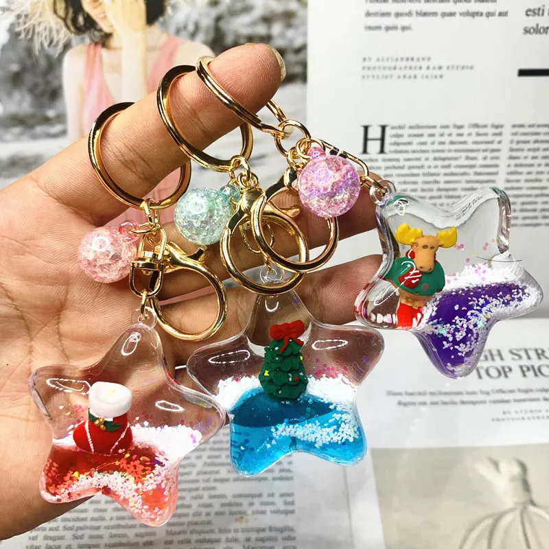 

New Christmas Floating Acrylic Keychain Into Oil Liquid Quicksand Santa Claus Christmas Tree Keyring Decoration Bag Pendant Gift