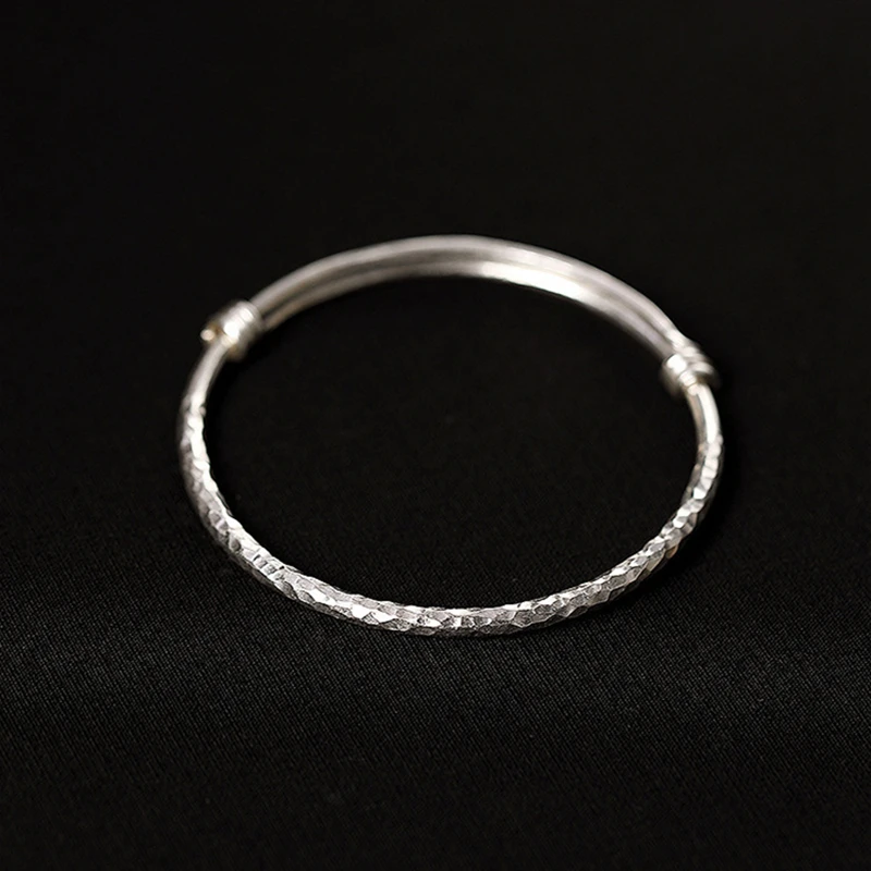 925 Sterling Silver Personality Plain Hammer Corrugated Solid Bracelet Simple Pit Push-pull Handmade Ladies | Украшения и