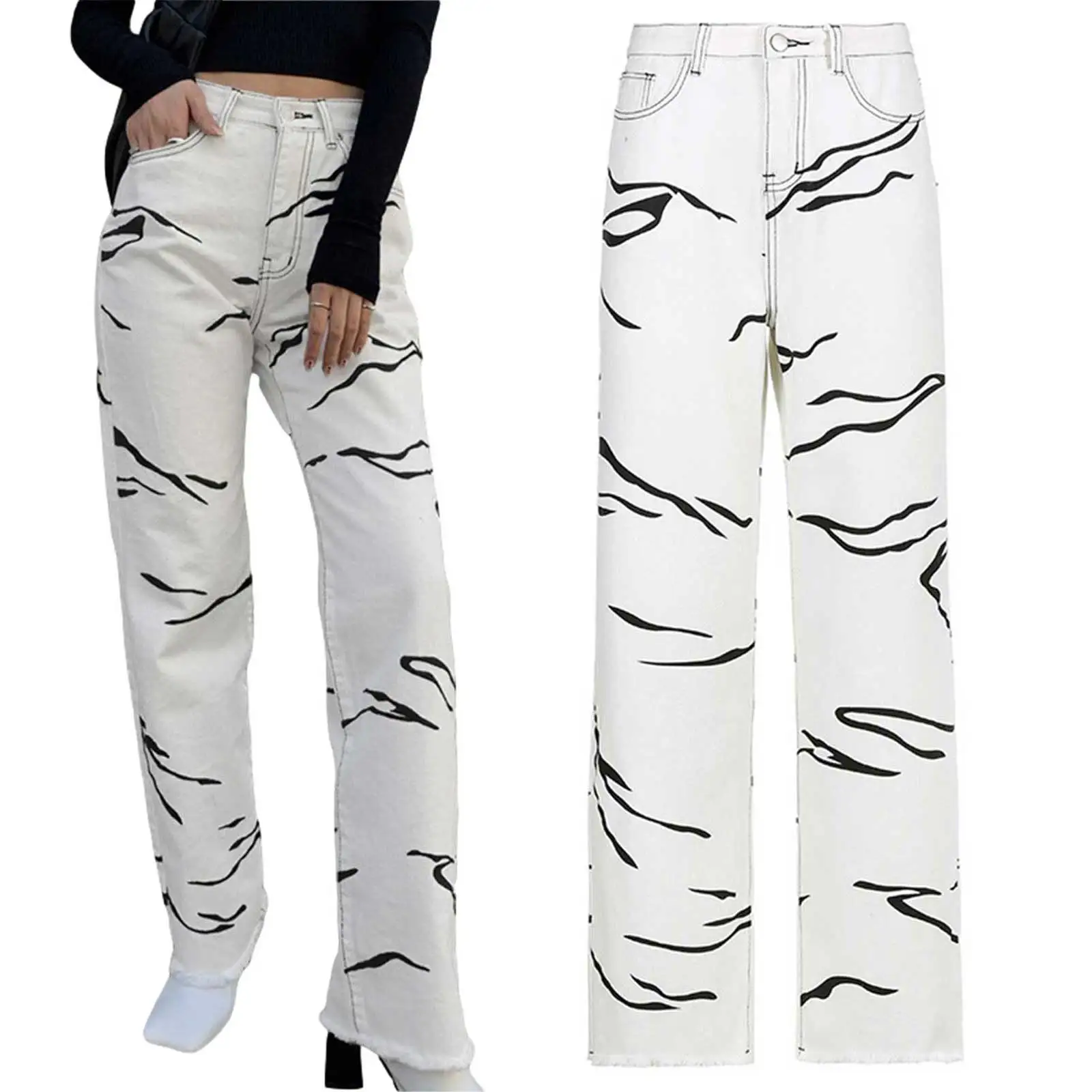 

Women Summer Jeans, Adults Zebra-Stripe Print High Waisted Straight-leg Pants with Pocket, Belt Loop