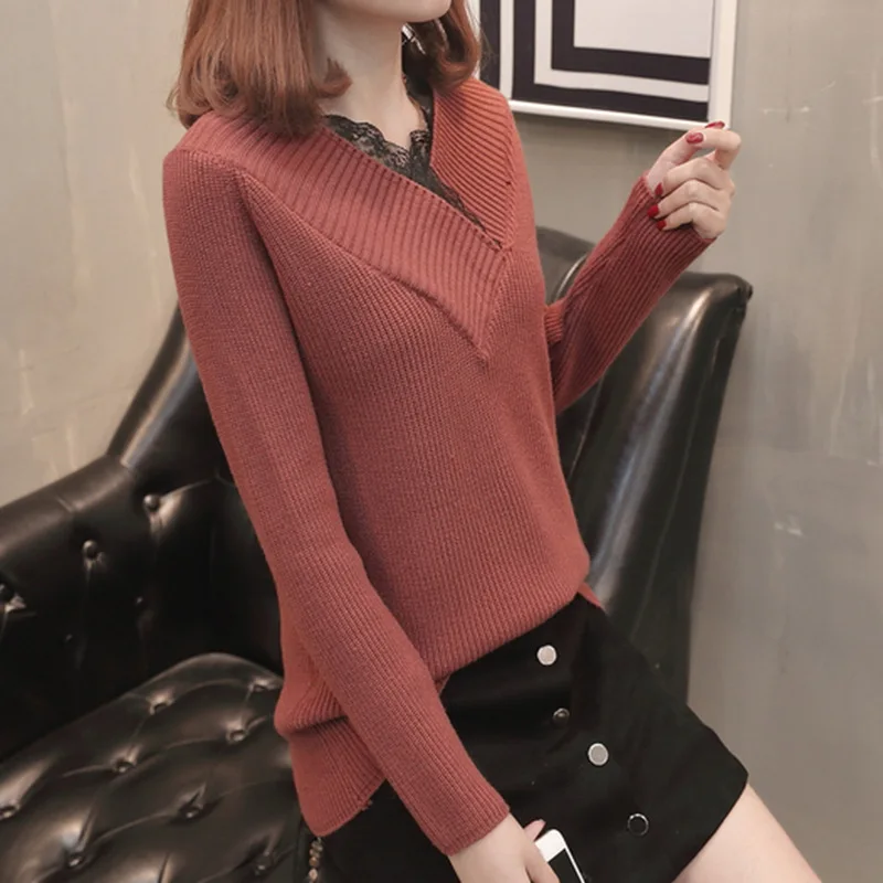 Осенний и зимний новый кружевной пуловер с v-образным вырезом женский модный