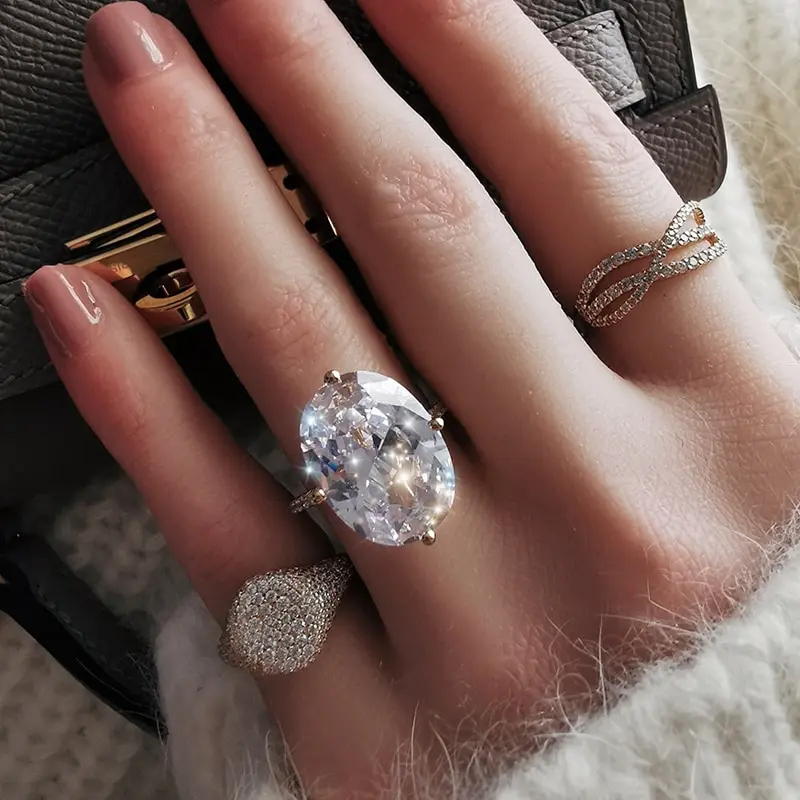 

Jazaz 100% 925 Sterling Silver Sparkling Oval Zircon Rings For Women Sparkling High Carbon Diamond Party Fine Jewelry B01393