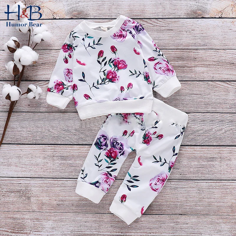 

Humor Bear Baby Clothing Sets European American New Long-Sleeved Rose Printed Tops+Trousers 2Pcs Sport Toddler Kids Clothes