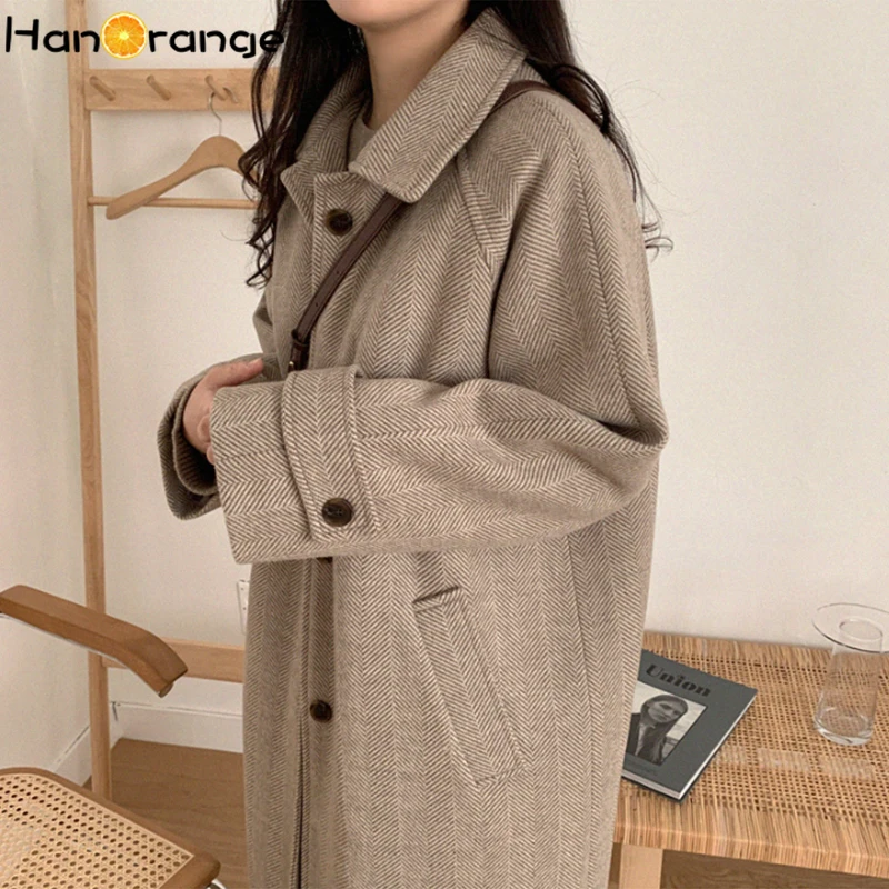 HanOrange Winter Female Herringbone Thick Long Woollen Coat Loose Overcoat