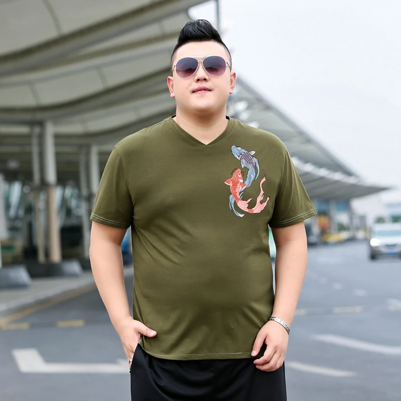 Мужская футболка большого размера с v-образным вырезом и рисунком рыбы летняя