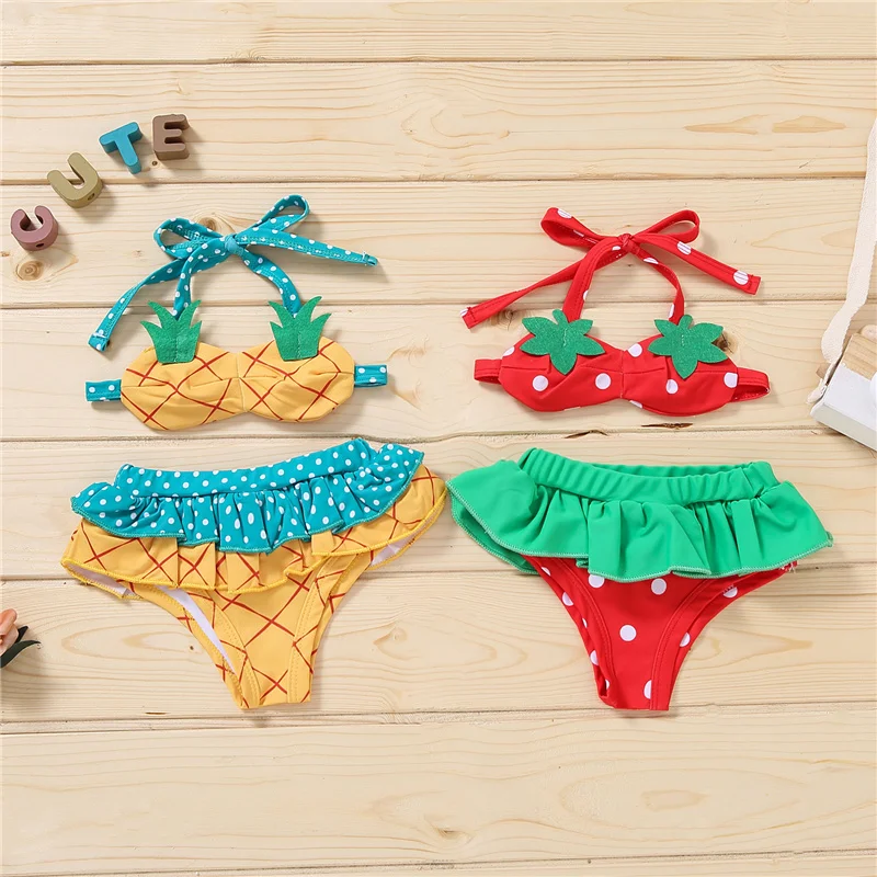 

Baby Girl 2Pcs Bikini Swimwear Swimsuit Strawberry/Pineapple Pattern Sling Suspender Top Triangle Shorts Swimming Bathing Suit