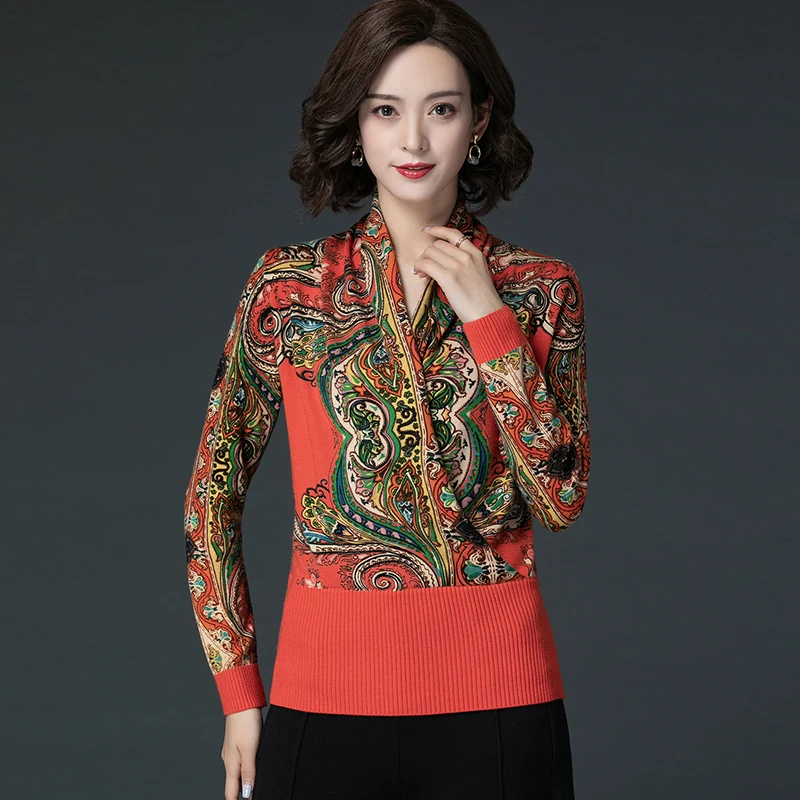 

Autumn Winter Female Knitted Cashmere Slim Top Sweater Elegant Ladies Vintage Floral Wool Pullover High Quality