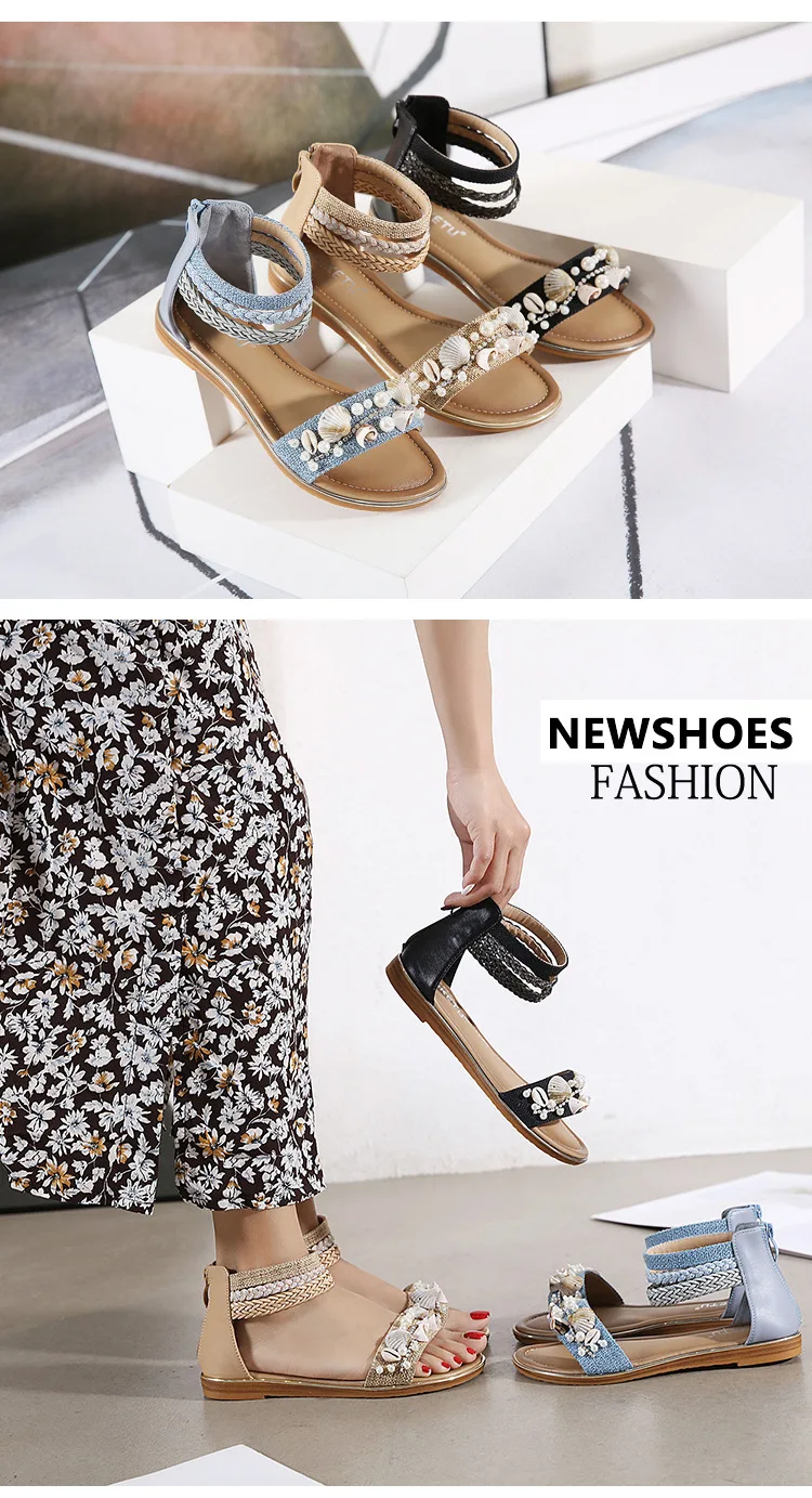 

New 2021 ethnic style sandals women's shell beaded wedges with retro Roman sandals Hollow women's shoes Ladies fashion slippers