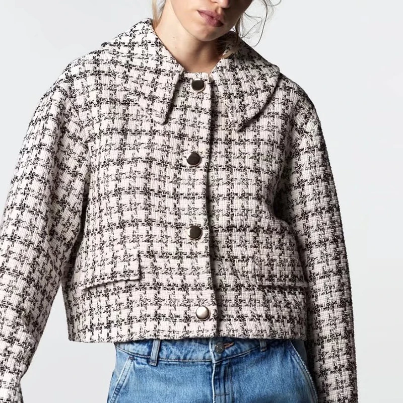 

ZA Women Autumn Winter Plaid Jacket Coat 2021 Turn Down Collar Single Breasted Fashion Vintage Pockets Coats Outerwear Chic Tops