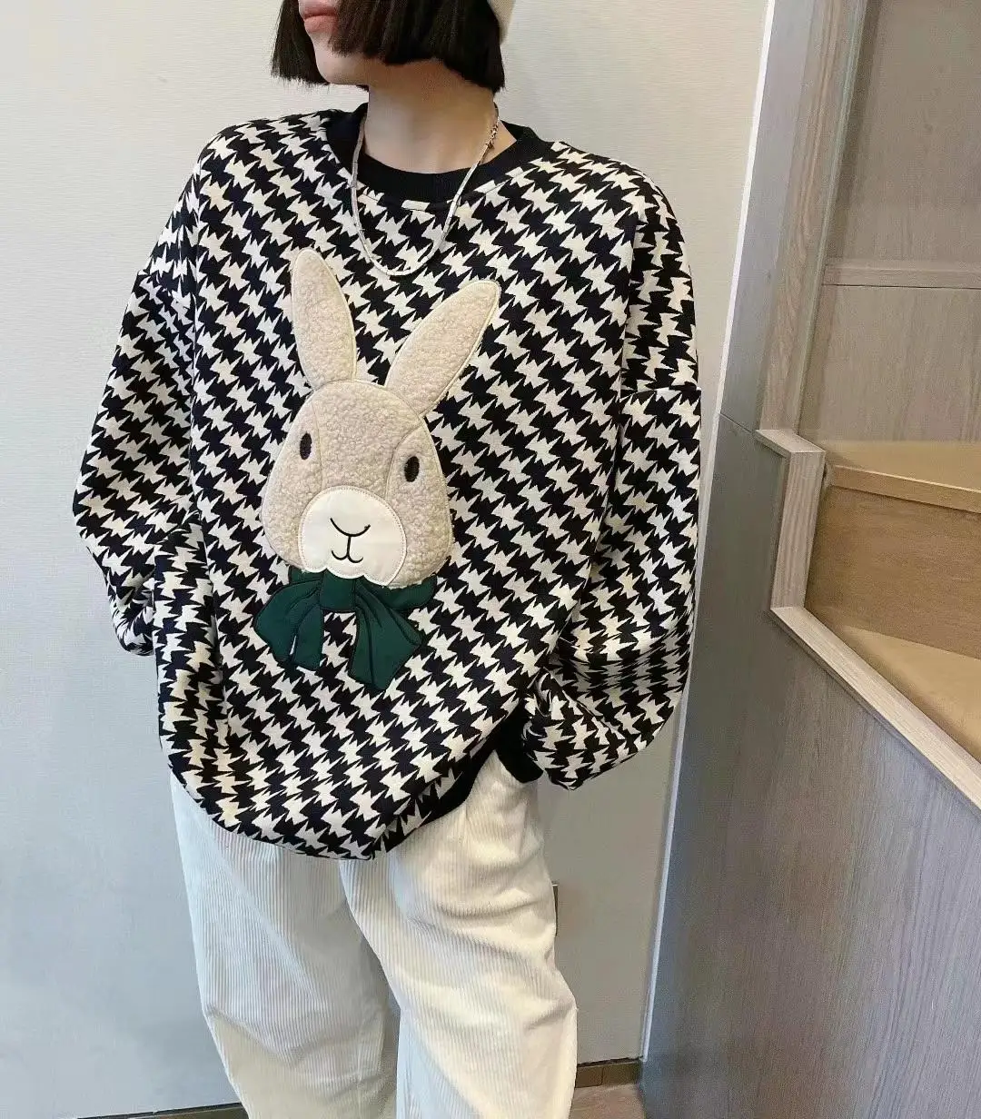 

2021 New Autumn Winter Warm Pullover Sweatshirts Fashion Tide Sweet Cartoon Patchwork O-Neck Plaid Hoody Mujer Loose Fleece Tops