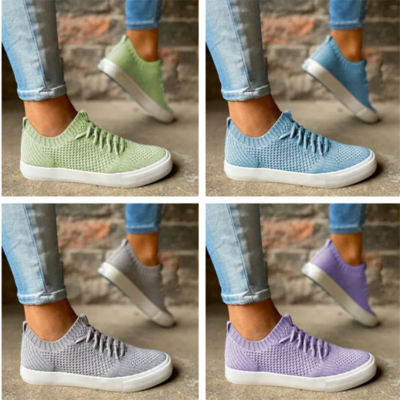

Женские повседневные сетчатые туфли, плоская подошва, вязаные, Нескользящие, без застежки, на шнуровке, однотонные спортивные туфли с низки...