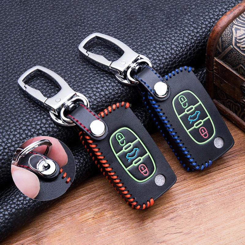 

Car Styling Top Layer Leather Car Keys Cases Fob Cover Keychain Key Ring Smart Remote Key Chain Protect Shell Auto Accessries