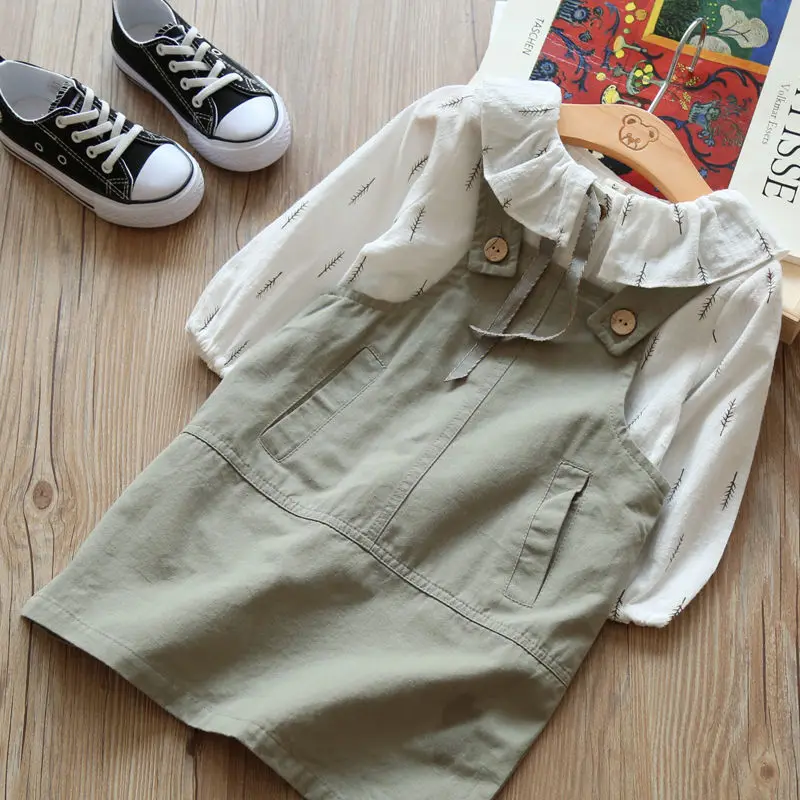 

Girl Sets Summer New 2021 Cotton Linen Printed Blouse And Solid Straight Pocket Dresses Children Clothing Suits Top Quality