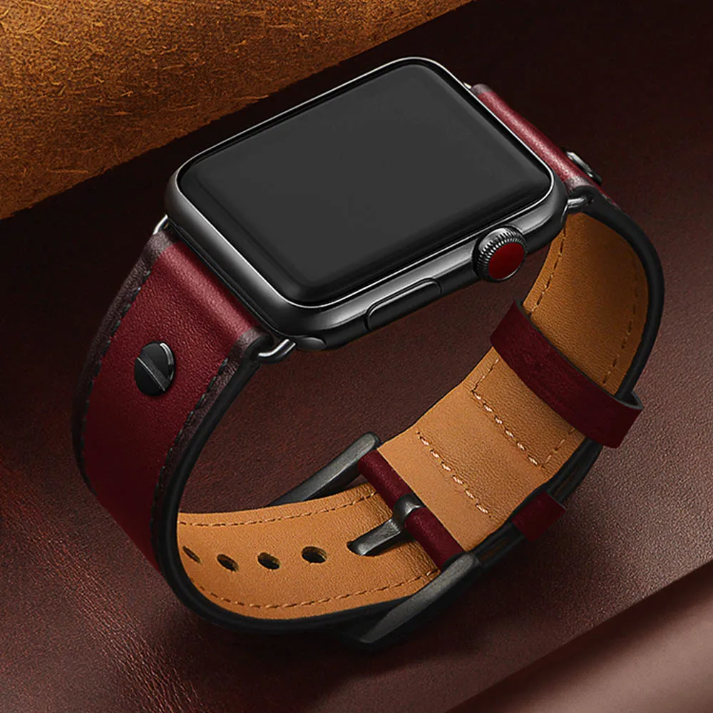 

New Rivet Style Leather Strap for Apple Watch SE 40mm 44mm 38mm 42mm Wrist Band Series 6 5 4 3 2 Luxury Bracelet Clock Belt