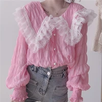 sweet fashion t shirts elegant puff sleeve lace mesh tops girls lolita style peter pan collar chiffon shirts mujer tees ruffled