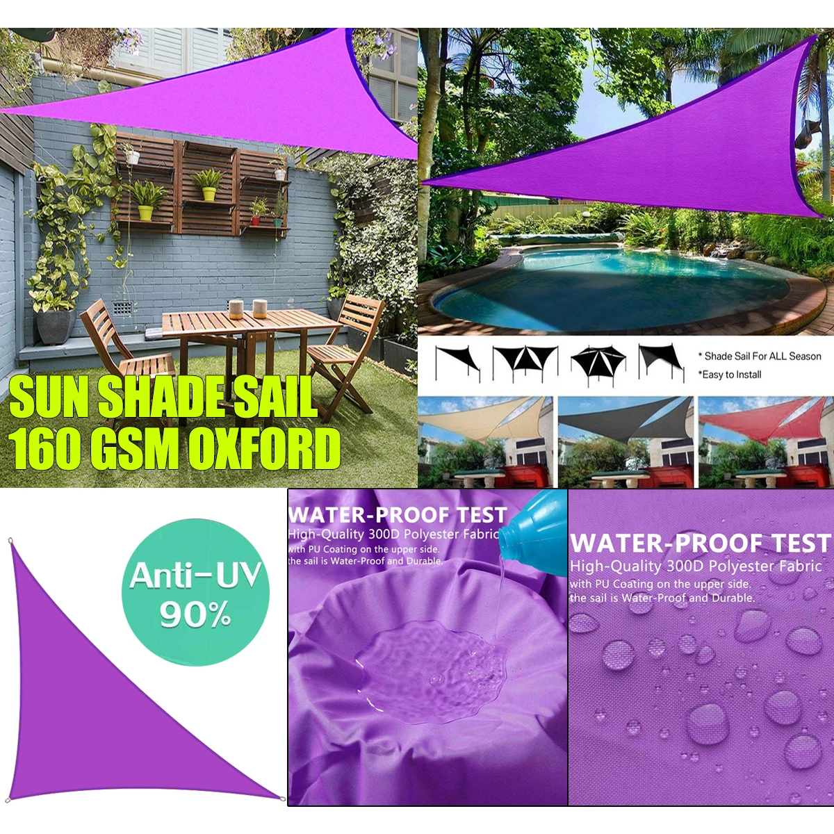 

Right triangle 300D oxford Purple sun sail pool cover sunscreen awning outdoor shade waterproof sail gazebo canopy garden cover