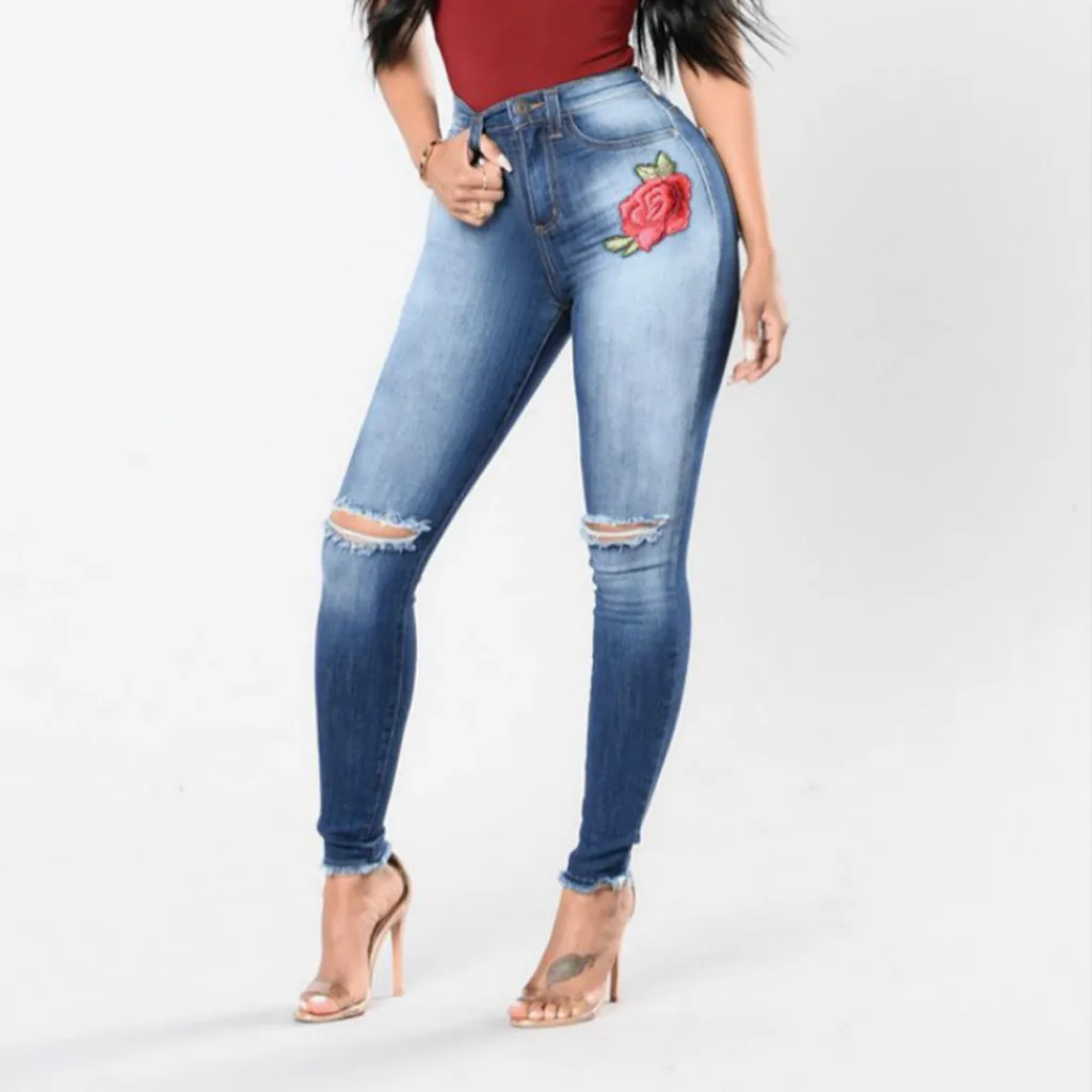 SAGACE сексуальные женские джинсовые брюки с вышивкой высокая эластичность