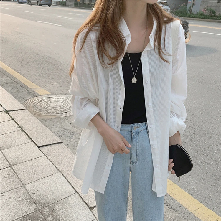 

New 2020 Summer Autumn Women's Blouses Casual Fashionable BF Style Single Breasted Striped Oversize Office Shirts Tops