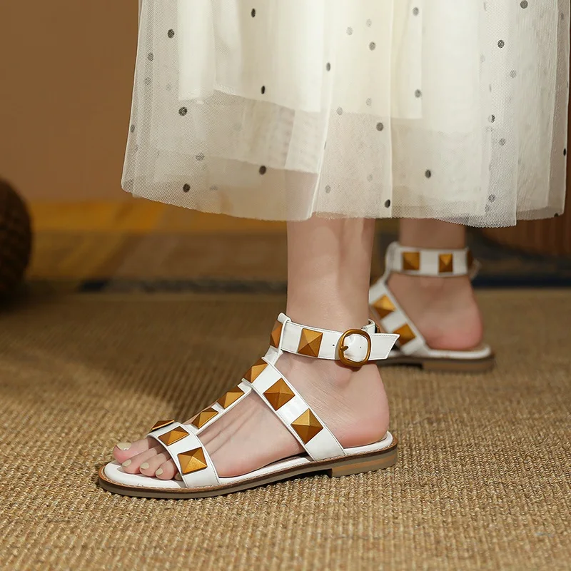 2023 new brand shoes genuine leather women sandals low square heel black white dress casual rome rivets shoes gladiator sandals