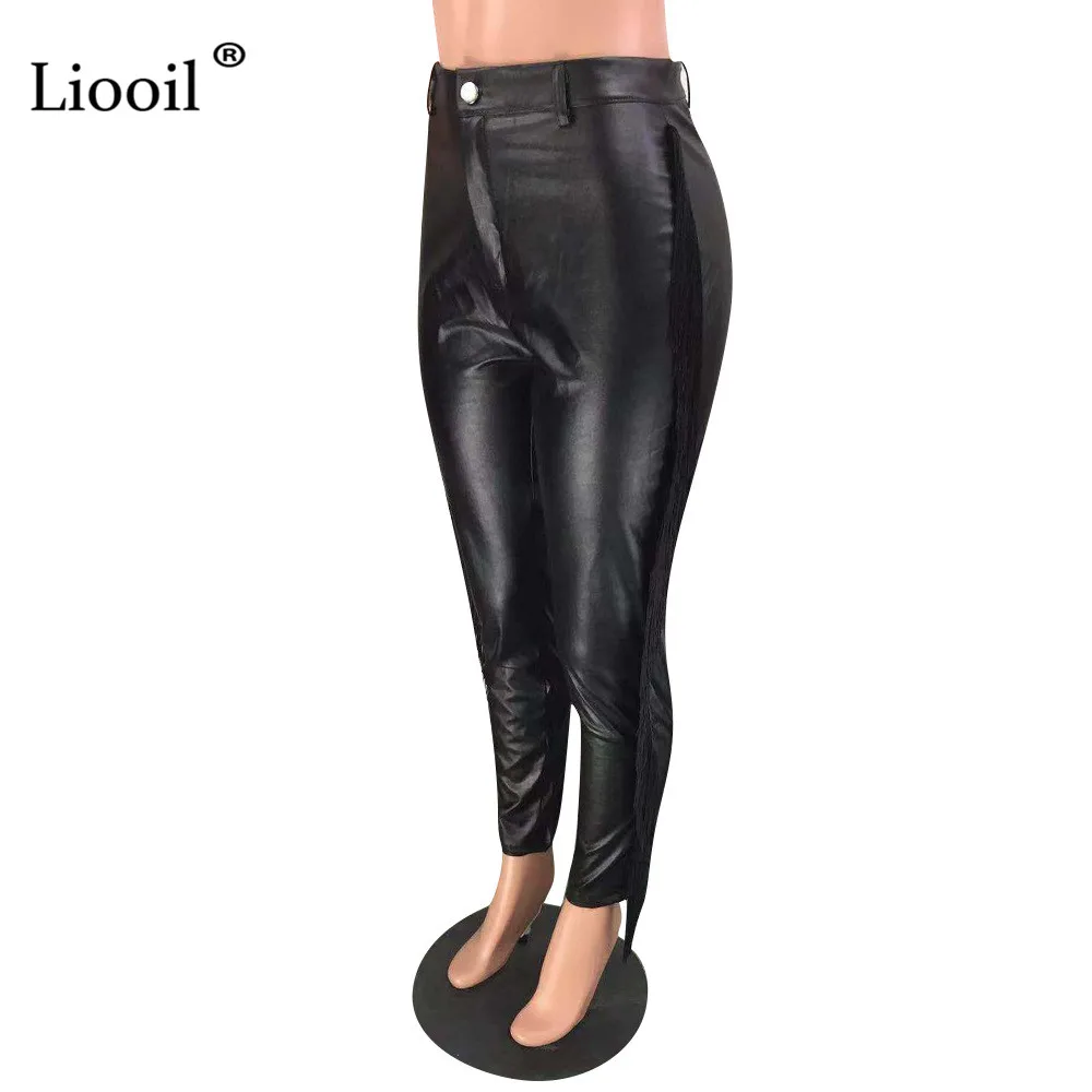 Liooil, искусственная кожа, с кисточками, узкие брюки, женские, черные, слаксы,, осень, зима, уличная одежда, Сексуальные клубные брюки, высокая талия, длинные штаны