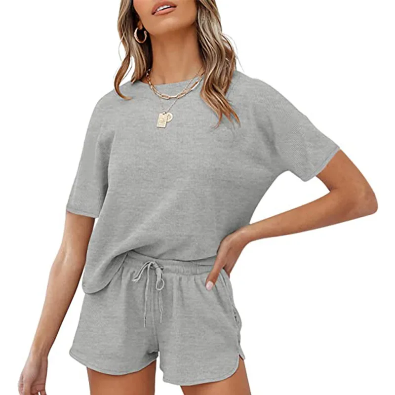 

Spring Summer New European and American Women's Short Sleeve Solid Color Top & Shorts Two Piece Set