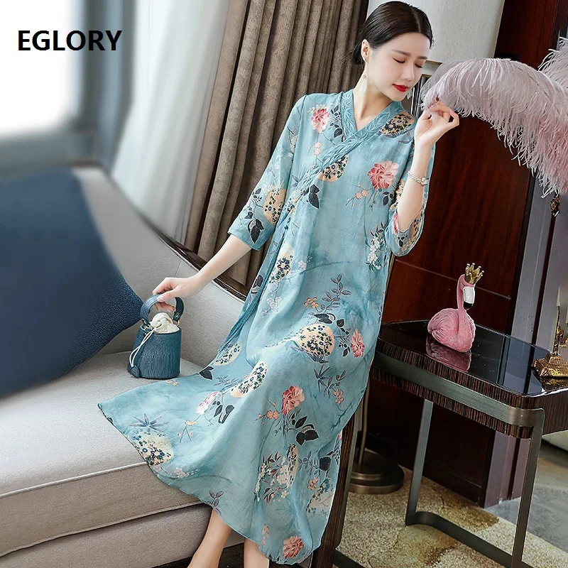 

Tops Fashion New 2020 Summer Dress Women V-Neck Vintage National Style Print Embroidery Mid-Calf Length Blue Silk Linen Dress
