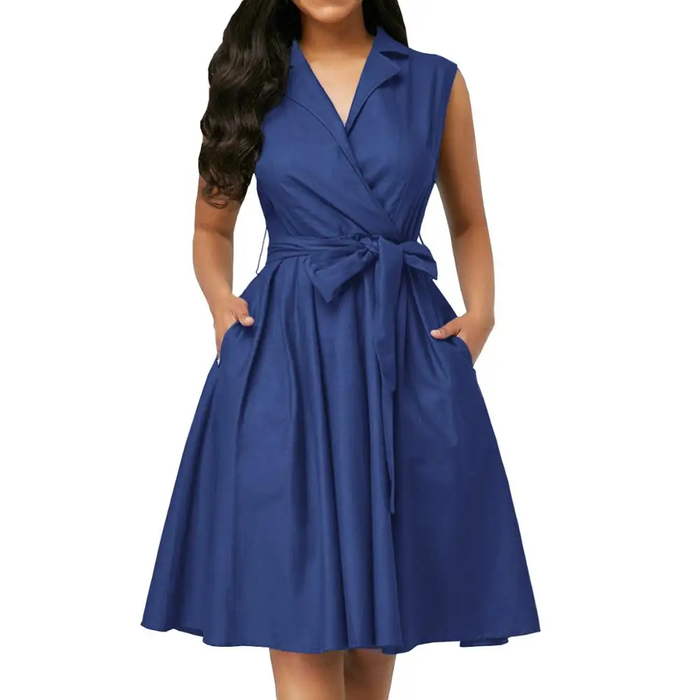 

Women Dresses Sleeveless Notched Solid Navy Blue With Bow Sashes Summer A-line Beach Office Dress 2023 burgundy Party Vestidos