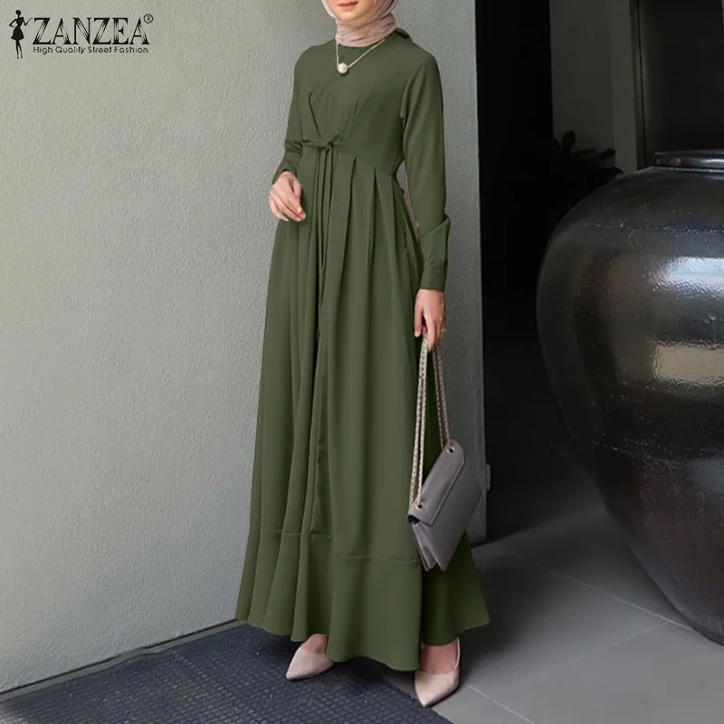 

Casual Party Lace Up Long Dresses Kaftan Long Sleeve Marocain Turkish Vestidos ZANZEA Muslim Dress Female Femme Islam Clothing