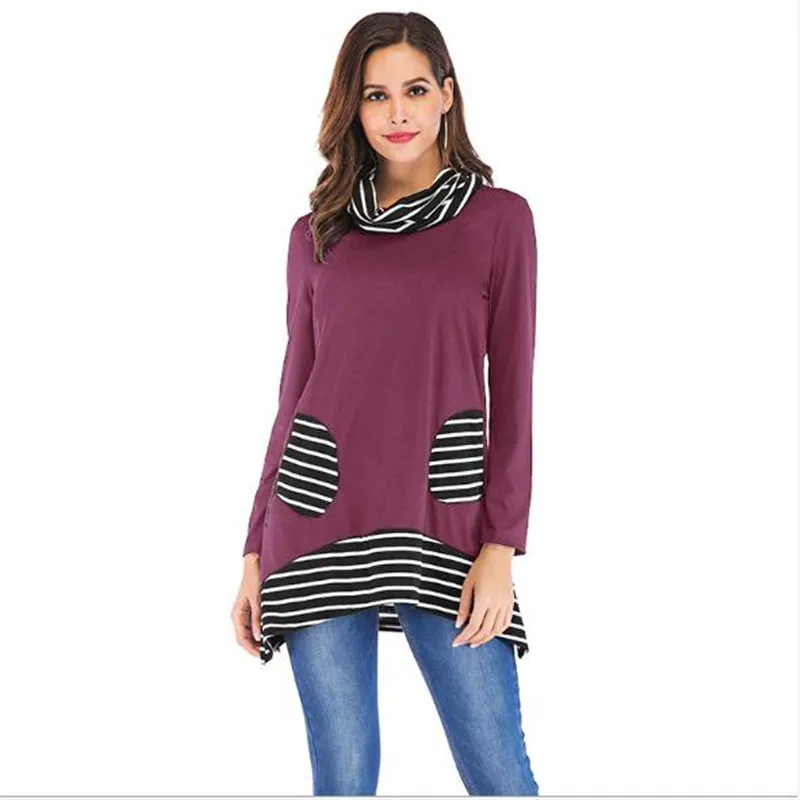 

Women Harajuku T Shirt Striped Women Long Sleeve T-shirt Turtleneck Female T-shirt Summer Elegant Loose Casual Tees Tshirt Top
