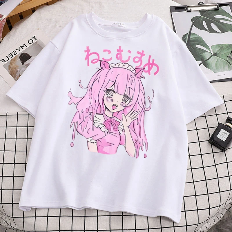 

Sweet Girl Cute Cartoon Japanese Street Student Harajuku Pink Fun Kawaii Casual Top Retro Summer Women's T-Shirt