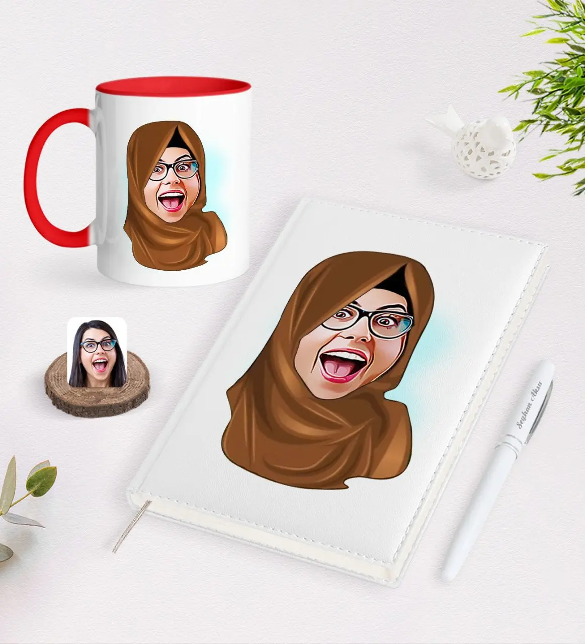 

Personalized Veil Women Caricature of 2021 Organizer pen And Red Mug Seti-1
