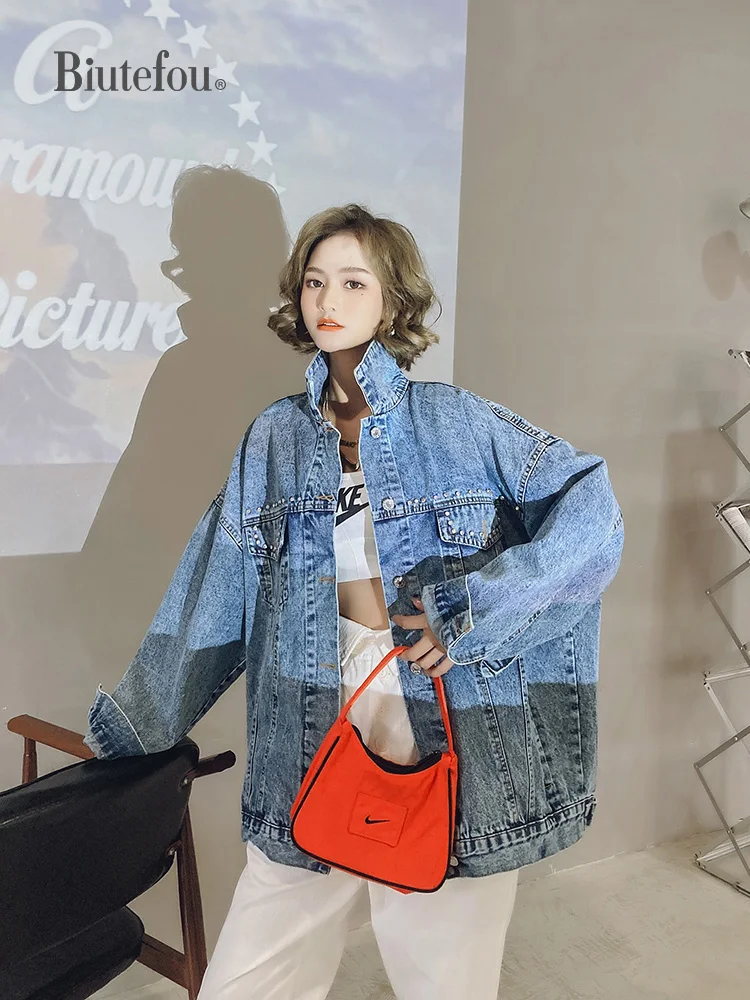 

2021 Autumn Women Beading Patchwork Denim Loose Jacket