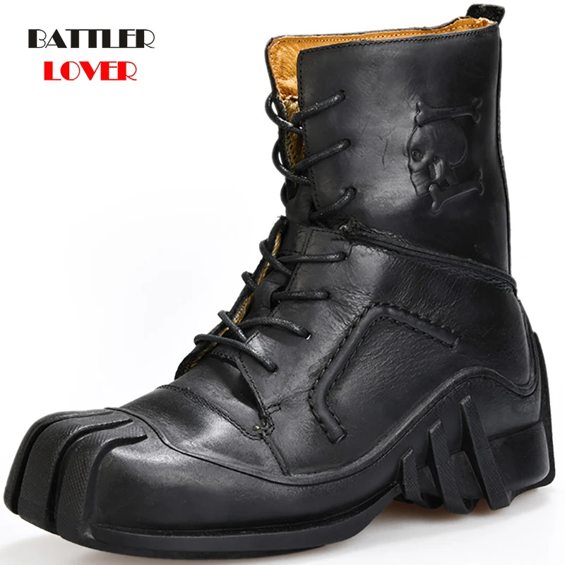 

Men's Cowhide Genuine Leather Winter Boots Military Combat Boots Mens Gothic Skull Punk Motorcycle Martin Boots Hiking Footwear
