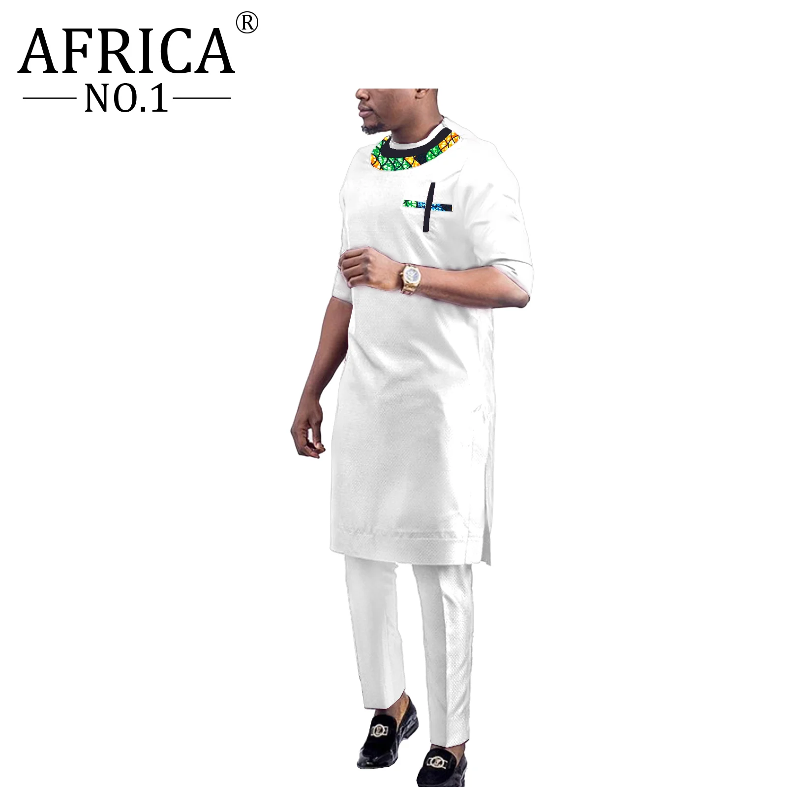 African Clothes For Men Wax Rich Bazin Dashiki Style Splicing Design 2 Piece Casual Sets Outfits Robe Long Sleeve Crew Neck