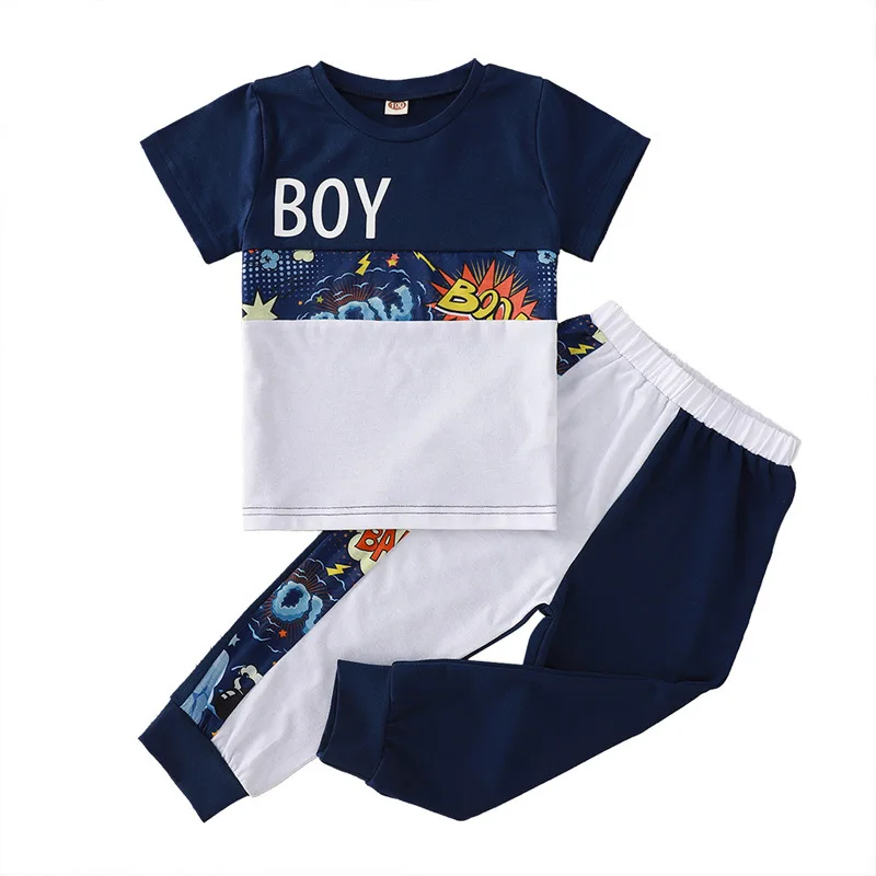 

2021 Summer Children Sets Casual Short Sleeve O Neck Patchwork T-Shirt Print Trousers 2Pcs Boys Clothes Sets