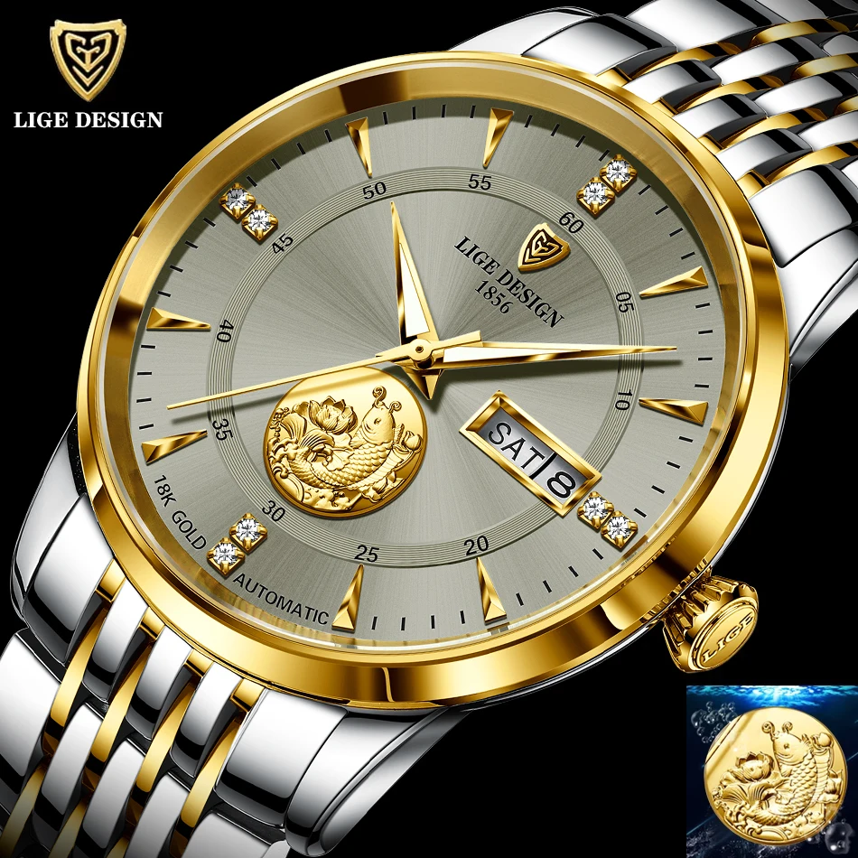 Часы наручные LIGE Мужские механические модные автоматические водонепроницаемые