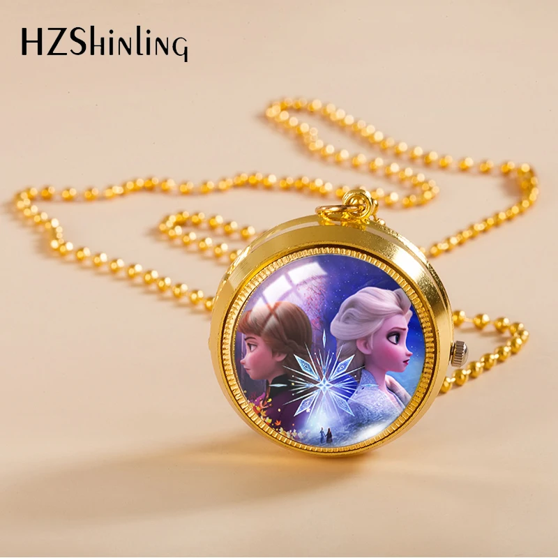 2021 New Arrival Frozen2 Elsa Anna Princess Olaf Characters Glass Dome Round Pocket Watch Pendant Necklaces