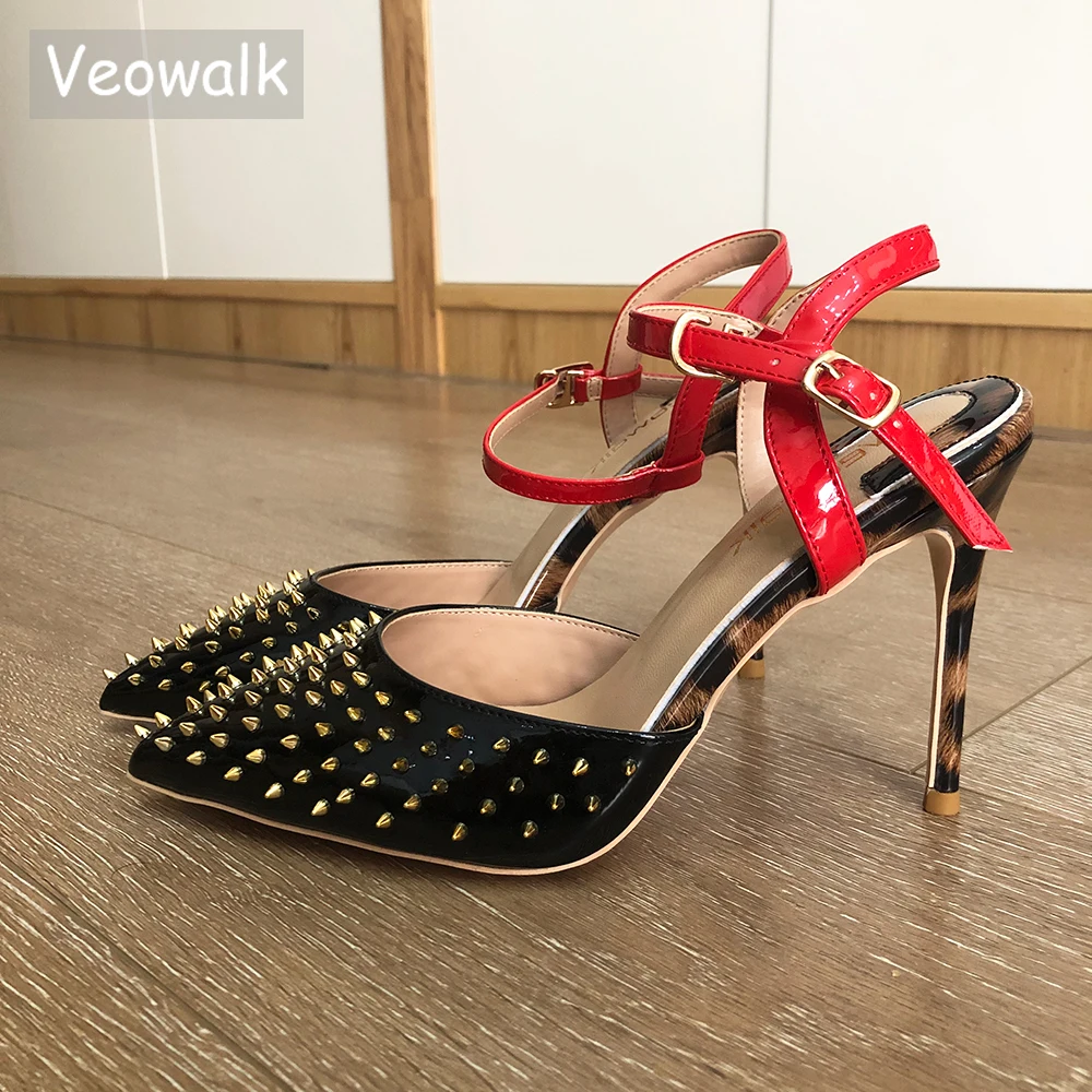 

Veowalk Gold Spikes Women Glossy High Heel Sandals Summer Ankle Strap Pumps Sexy Ladies Pointy Toe Slingbacks Shoes Stilettos