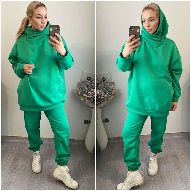 

Женский спортивный костюм из двух предметов, однотонный флисовый спортивный костюм с капюшоном и брюки-джоггеры, повседневная спортивная о...