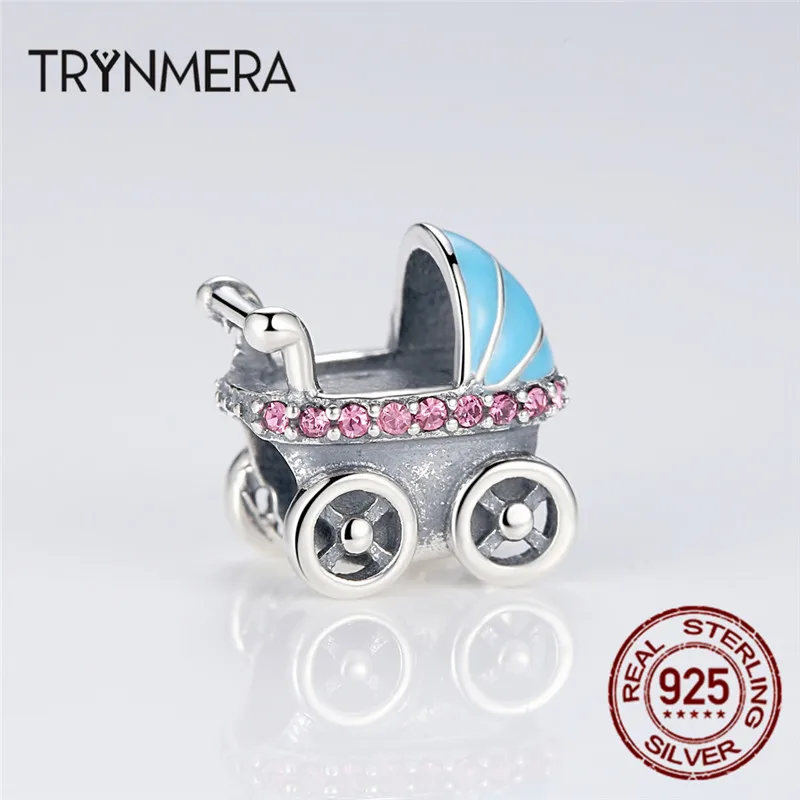 Trynmera 925 пробы серебро Детские коляски синий автомобиль Подвески Fit Браслет Diy Аксессуары подарок для женщин и девочек TA043