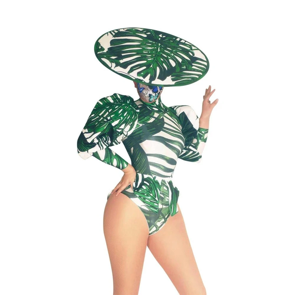 

Fashion club dance Nightclub Party Performance Costumes Green Leaves Puff Sleeve Top Shorts Hat 3-piece Stage Outfit Sets