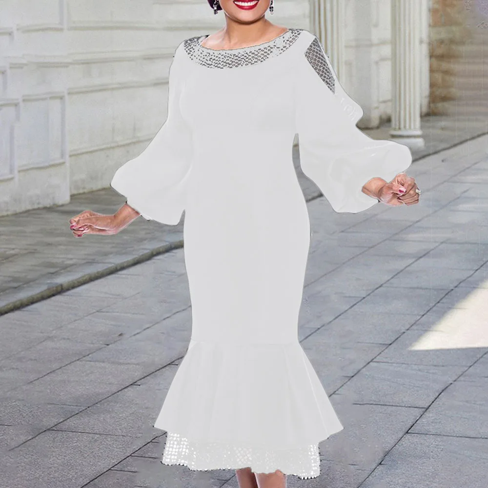 

New Autumn Winter 2021 Fashion Commute Womens Dress Solid Color Net Yarn Splicing Lantern Sleeve Round Neck Mermaid Women