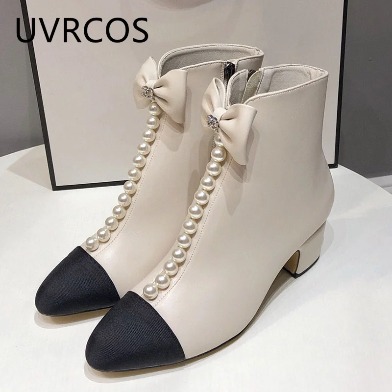 

2021 Autumn And Winter New Thick Heel Short Boots for Women Luxury Pearled Decor Genuine Leather Butterfly-Knot Design Boots