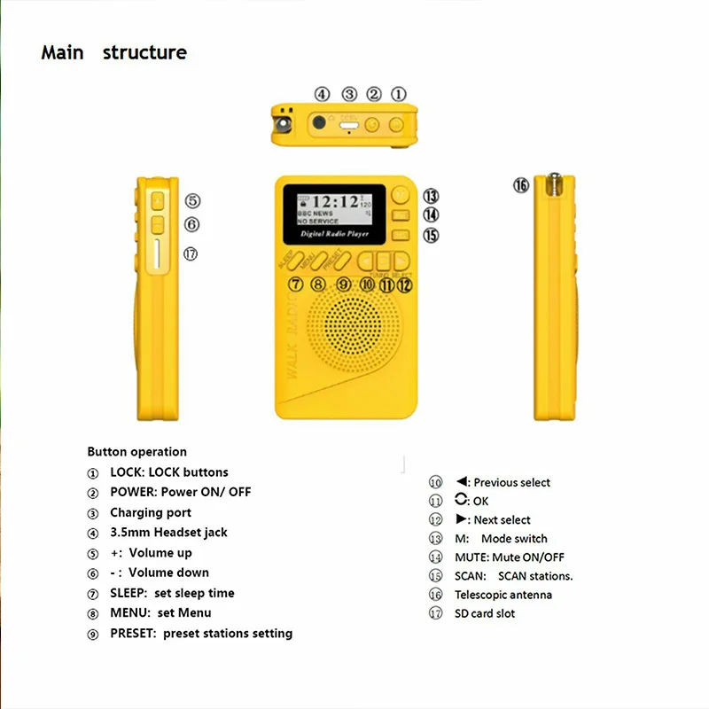 Портативное карманное DAB цифровое радио с функцией MP3 плеера Встроенная