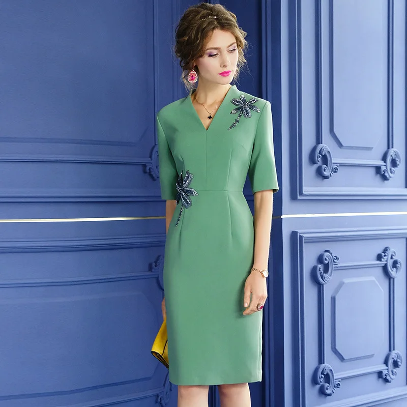 

summer 2021 New Women occupation Nail bead party Dress Plus Size 3xl Vintage ladies Sexy dresses V-neck Solid work flower dress